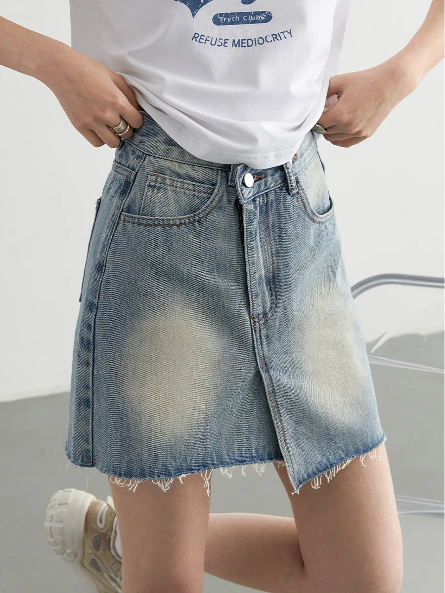 IMIEMIE CHIC VEN Women Skirts Streetwear Cotton Asymmetric Placket Raw Edge Denim Skirt Female A-line Short Skirt Spring Summer 2024