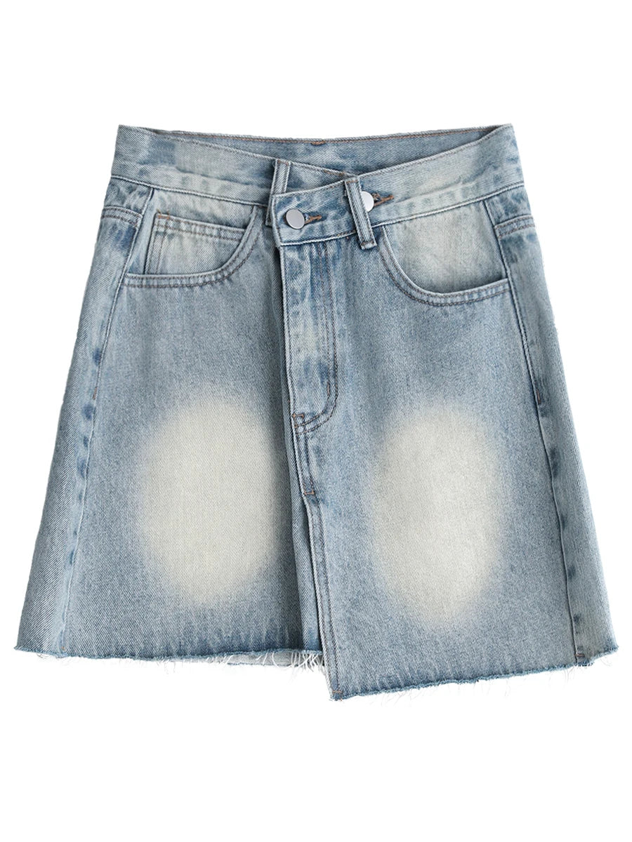 IMIEMIE CHIC VEN Women Skirts Streetwear Cotton Asymmetric Placket Raw Edge Denim Skirt Female A-line Short Skirt Spring Summer 2024