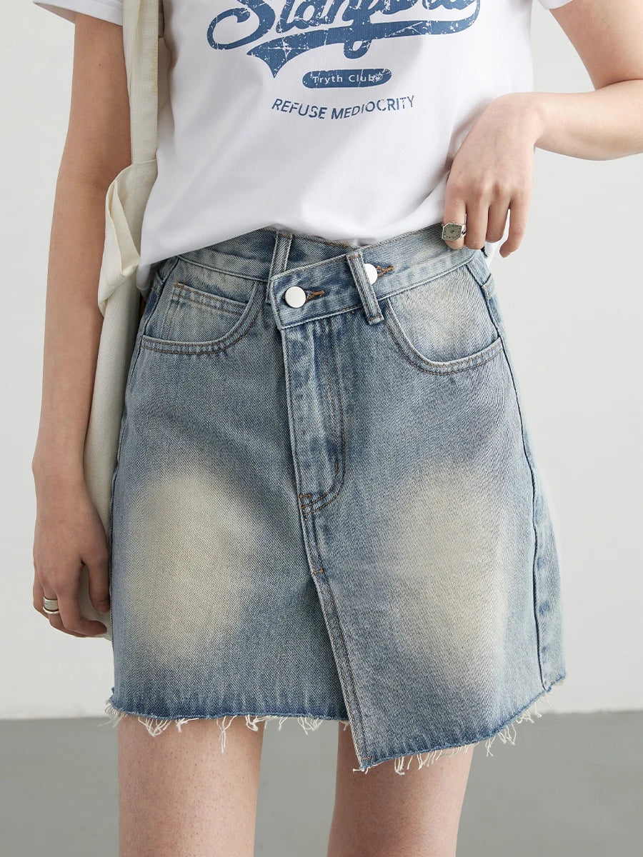 IMIEMIE CHIC VEN Women Skirts Streetwear Cotton Asymmetric Placket Raw Edge Denim Skirt Female A-line Short Skirt Spring Summer 2024