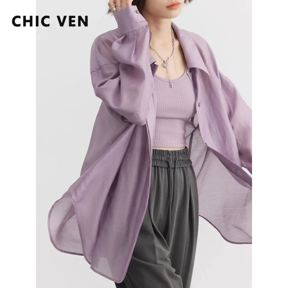 IMIEMIE CHIC VEN Women Thin Shirt Long Sleeve Casual Loose Slightly Transparent Cool Blouses Woman Solid Design Female Top Summer 2024