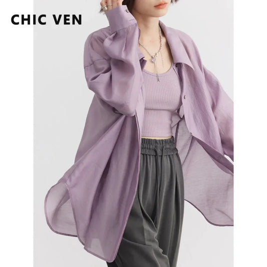 IMIEMIE CHIC VEN Women Thin Shirt Long Sleeve Casual Loose Slightly Transparent Cool Blouses Woman Solid Design Female Top Summer 2024