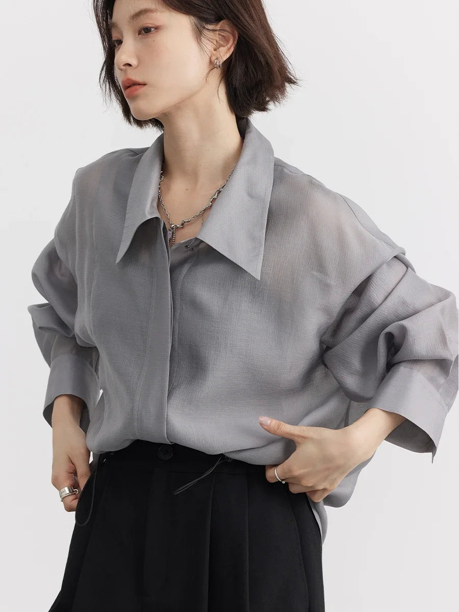 IMIEMIE CHIC VEN Women Thin Shirt Long Sleeve Casual Loose Slightly Transparent Cool Blouses Woman Solid Design Female Top Summer 2024