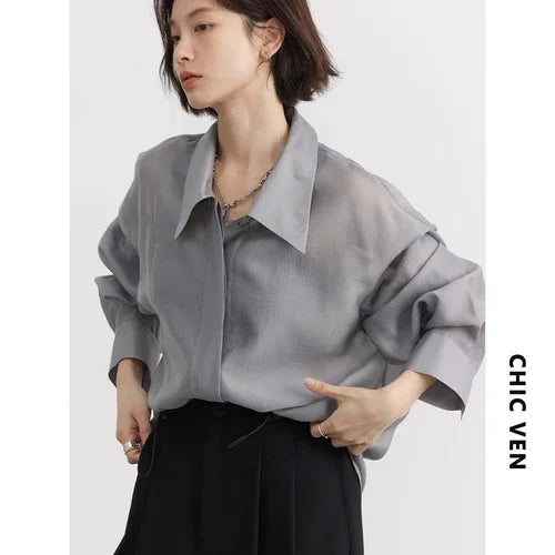 IMIEMIE CHIC VEN Women Thin Shirt Long Sleeve Casual Loose Slightly Transparent Cool Blouses Woman Solid Design Female Top Summer 2024