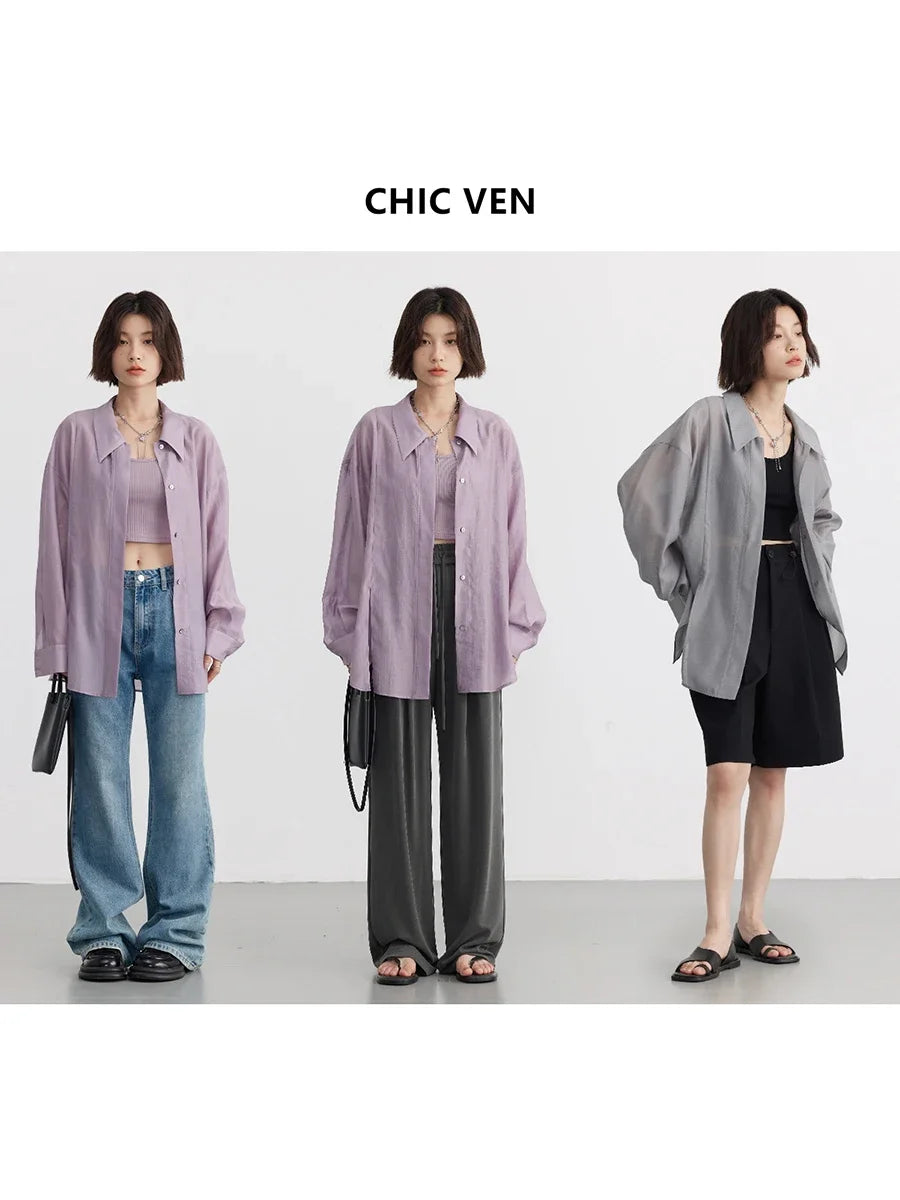 IMIEMIE CHIC VEN Women Thin Shirt Long Sleeve Casual Loose Slightly Transparent Cool Blouses Woman Solid Design Female Top Summer 2024