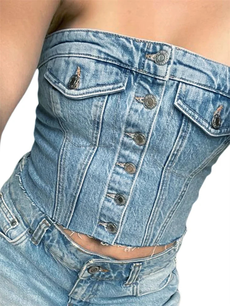 IMIEMIE CHRONSTYLE Women Sexy Tube Tops Sleeveless Buttons Up Bustiers Corsets Strapless Denim Off Shoulder Cropped Tank Mini Vest 2024