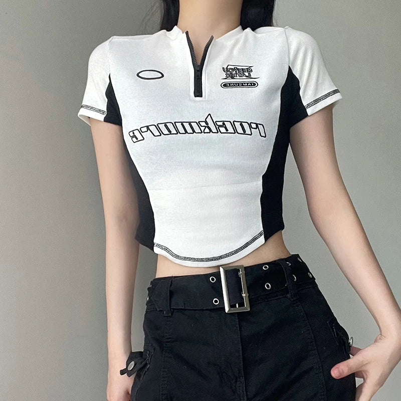 IMIEMIE CIBBAR Casual Stitched Zipper Crop Top y2k Aesthetic Knitted Short Sleeve Letter Print T-shirt 90s Harajuku Shirt Women Clothing