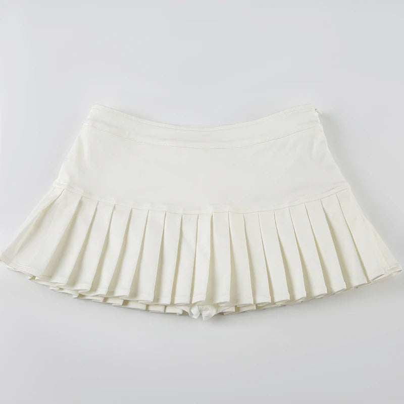 IMIEMIE CIBBAR Knit All-match White Super Short Mini Skirt with Shorts Sexy Preppy Style Low Rise Pleated Skirts for Women y2k Aesthetic