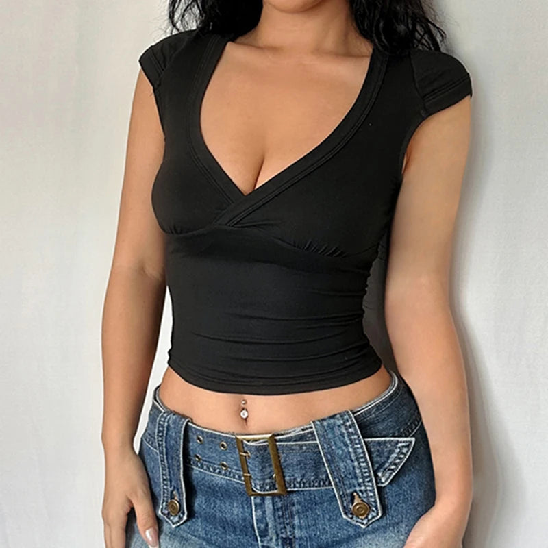 IMIEMIE CIBBAR Sexy Deep V Neck Crop Top Women Basic Solid Tee Shirts 2024 Summer New Fashion T-shirts Vintage Clubwear Ladies Clothing