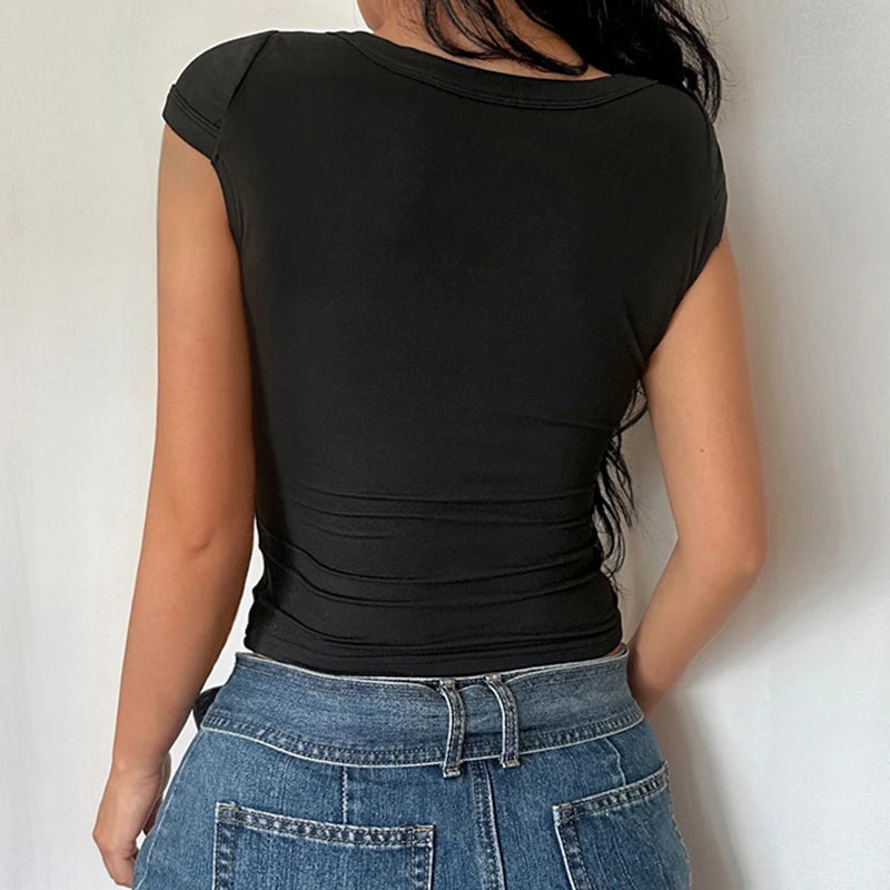 IMIEMIE CIBBAR Sexy Deep V Neck Crop Top Women Basic Solid Tee Shirts 2024 Summer New Fashion T-shirts Vintage Clubwear Ladies Clothing