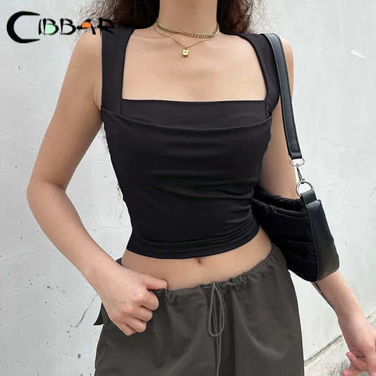 IMIEMIE CIBBAR Solid Elegant Square Collar Crop Top Women Sleeveless Skinny Tank Tops Basic Casual Ladies Vest Harajuku Y2k Vintage Tees