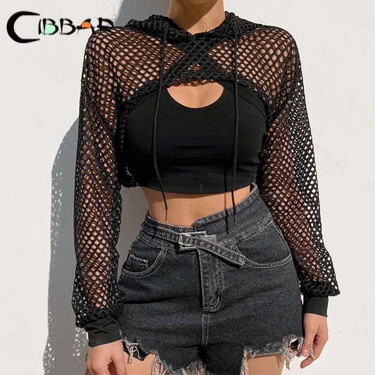 IMIEMIE CIBBAR Street Style Fishnet Holes T Shirt See Through Hollow Out Hooded Full Sleeve Crop Top Women Casual Loose Shirt Smock Fall