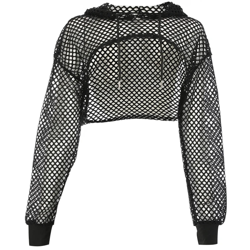 IMIEMIE CIBBAR Street Style Fishnet Holes T Shirt See Through Hollow Out Hooded Full Sleeve Crop Top Women Casual Loose Shirt Smock Fall