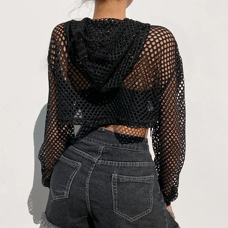 IMIEMIE CIBBAR Street Style Fishnet Holes T Shirt See Through Hollow Out Hooded Full Sleeve Crop Top Women Casual Loose Shirt Smock Fall