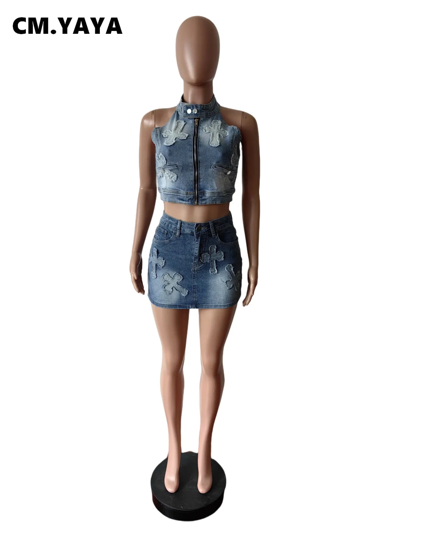 IMIEMIE CM.YAYA 2024 Summer Denim Embroidery Women's Set Sleeveless Tops and Bodycon Mini Skirts Suit Street Two 2 Piece Sets Outfits