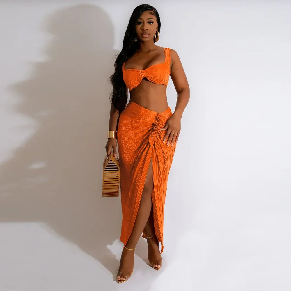 IMIEMIE CM.YAYA Beach Pleated Women 2 Piece Set Outfits 2024 Summer Crop Top and Midi Ruffles Draped High Side Split Maxi Long Skirt Set