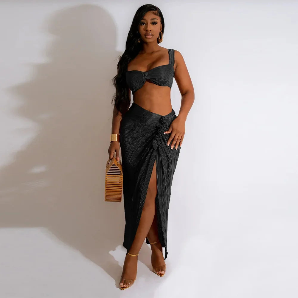 IMIEMIE CM.YAYA Beach Pleated Women 2 Piece Set Outfits 2024 Summer Crop Top and Midi Ruffles Draped High Side Split Maxi Long Skirt Set