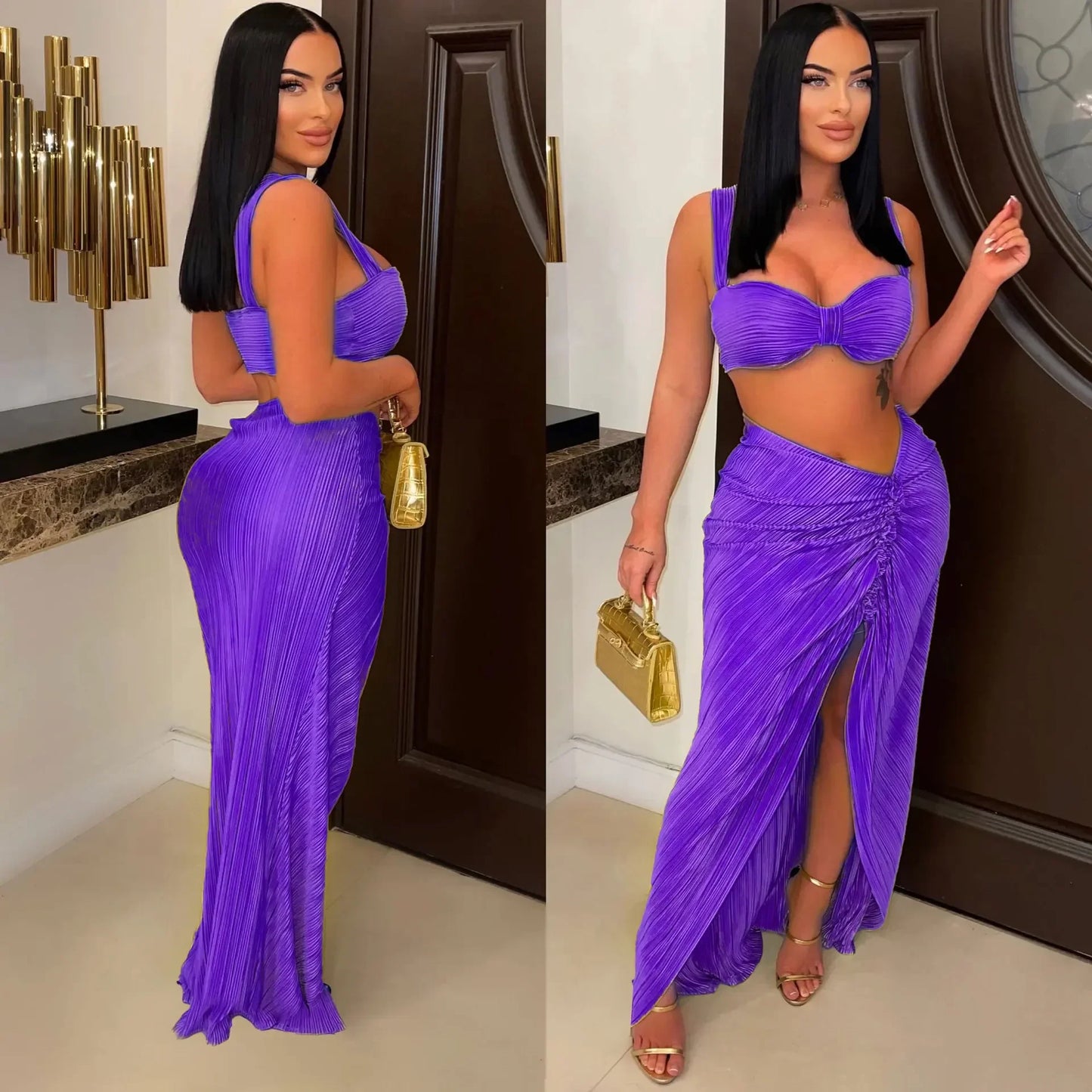 IMIEMIE CM.YAYA Beach Pleated Women 2 Piece Set Outfits 2024 Summer Crop Top and Midi Ruffles Draped High Side Split Maxi Long Skirt Set