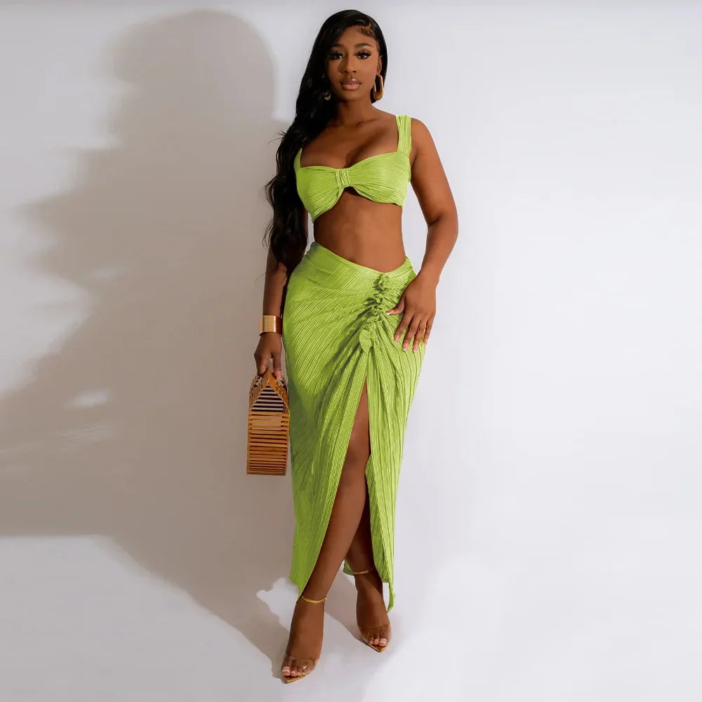 IMIEMIE CM.YAYA Beach Pleated Women 2 Piece Set Outfits 2024 Summer Crop Top and Midi Ruffles Draped High Side Split Maxi Long Skirt Set