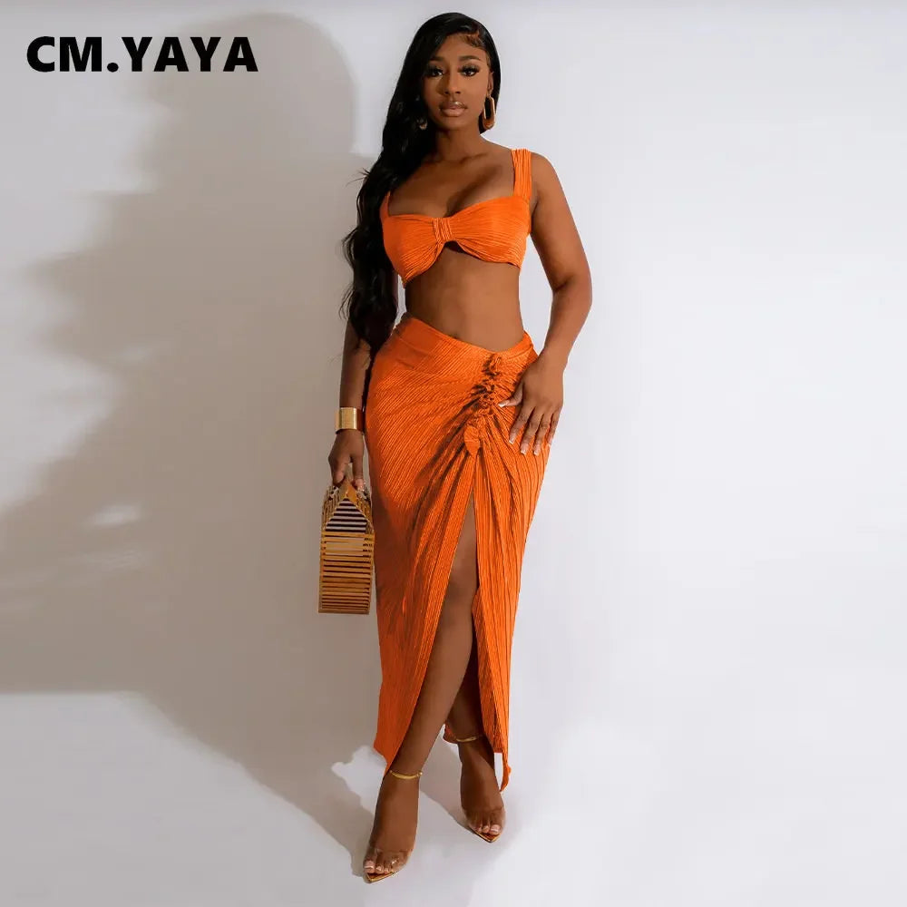 IMIEMIE CM.YAYA Beach Pleated Women 2 Piece Set Outfits 2024 Summer Crop Top and Midi Ruffles Draped High Side Split Maxi Long Skirt Set