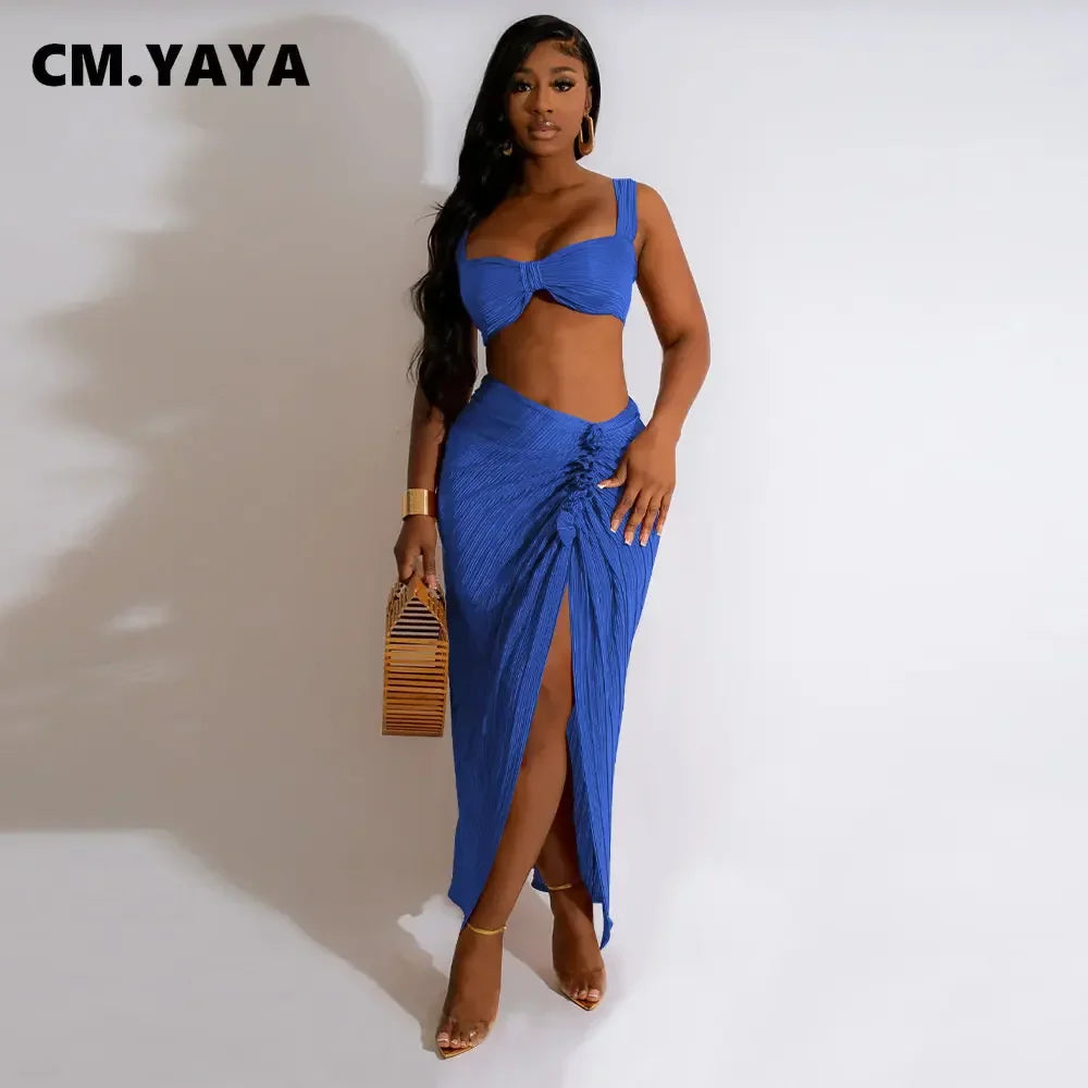 IMIEMIE CM.YAYA Beach Pleated Women 2 Piece Set Outfits 2024 Summer Crop Top and Midi Ruffles Draped High Side Split Maxi Long Skirt Set