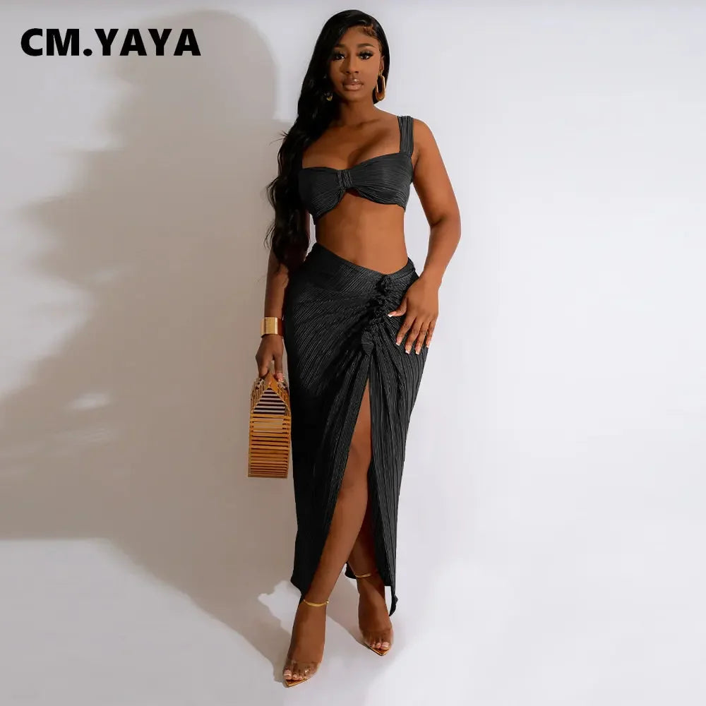 IMIEMIE CM.YAYA Beach Pleated Women 2 Piece Set Outfits 2024 Summer Crop Top and Midi Ruffles Draped High Side Split Maxi Long Skirt Set