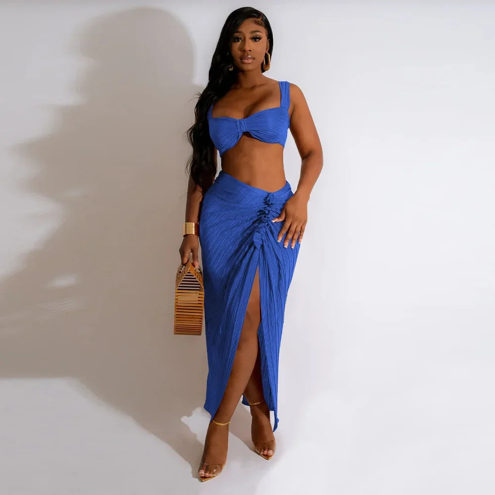 IMIEMIE CM.YAYA Beach Pleated Women 2 Piece Set Outfits 2024 Summer Crop Top and Midi Ruffles Draped High Side Split Maxi Long Skirt Set