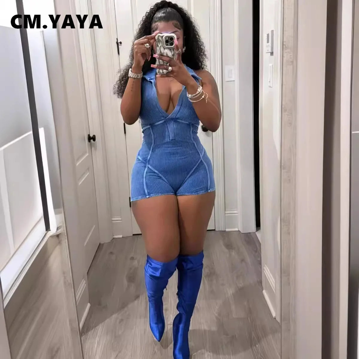 IMIEMIE CM.YAYA Women Knitted Sleeveless V-neck Short Jumpsuits Street 2024 Summer Washed Casual Sexy One Piece Suit Romper Playsuits