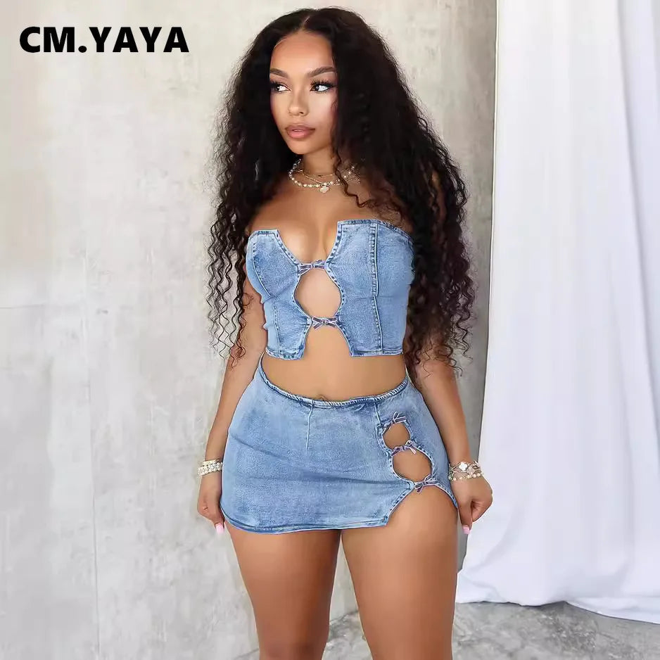 IMIEMIE CM.YAYA Women Set Sleeveless Denim Strapless Tops and Mini Skirt Suits 2024 Sexy Hollow Out Beach Street Two 2 Piece Set Outfits