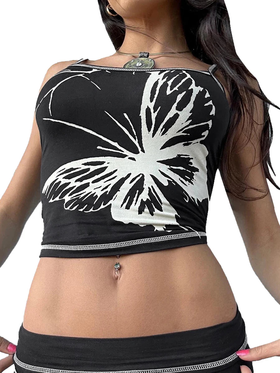 IMIEMIE COUTENOVA Street Sexy Hottie Butterfly Pattern Offset Print Sleeveless Short Camisole Top Women 2024 Pullover Tight Top