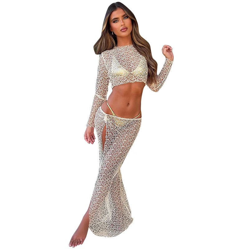 IMIEMIE CUTENOVA Sexy See Through Dress Set 2024 Summer Beach Long Sleeve Tops And Shirt Women Y2K Beachwear Cover Up Two Piece Skirt Se