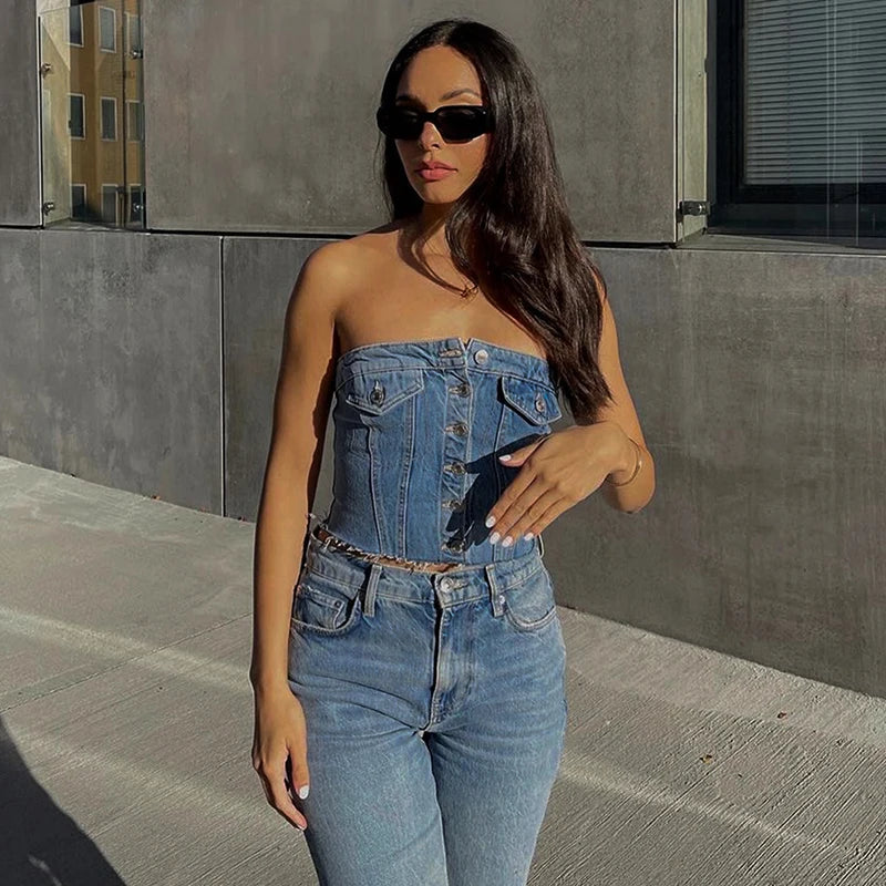 IMIEMIE CUTENOVA Solid Denim Pocket Design Button Vest Women Casual Bare Midriff Wrapped Chest Sleeveless Crop Tops Streetwear Tanks