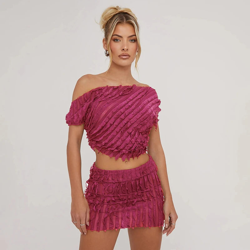 IMIEMIE CUTENOVA Summer Beach Women Skirt Two Piece Set Outfits Sexy Striped Tassel Slash Collar Y2K Crop Tops 2024 Mini Skirt Fashion 2