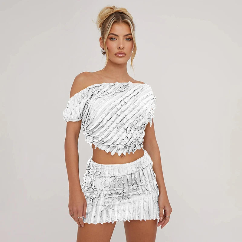 IMIEMIE CUTENOVA Summer Beach Women Skirt Two Piece Set Outfits Sexy Striped Tassel Slash Collar Y2K Crop Tops 2024 Mini Skirt Fashion 2