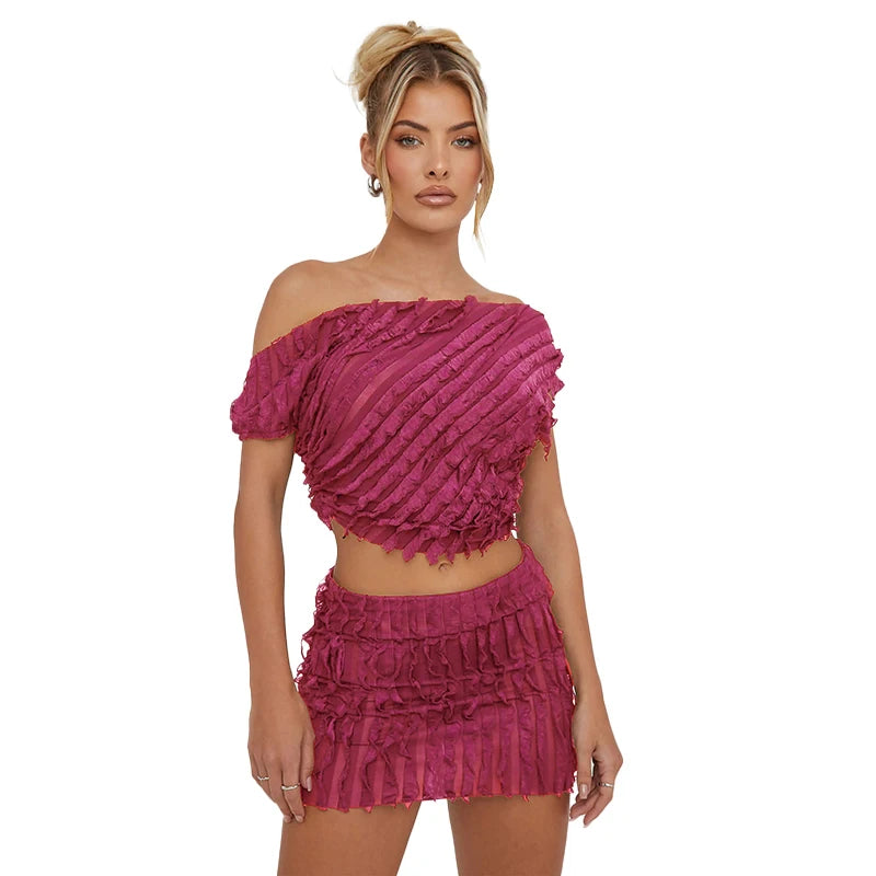 IMIEMIE CUTENOVA Summer Beach Women Skirt Two Piece Set Outfits Sexy Striped Tassel Slash Collar Y2K Crop Tops 2024 Mini Skirt Fashion 2