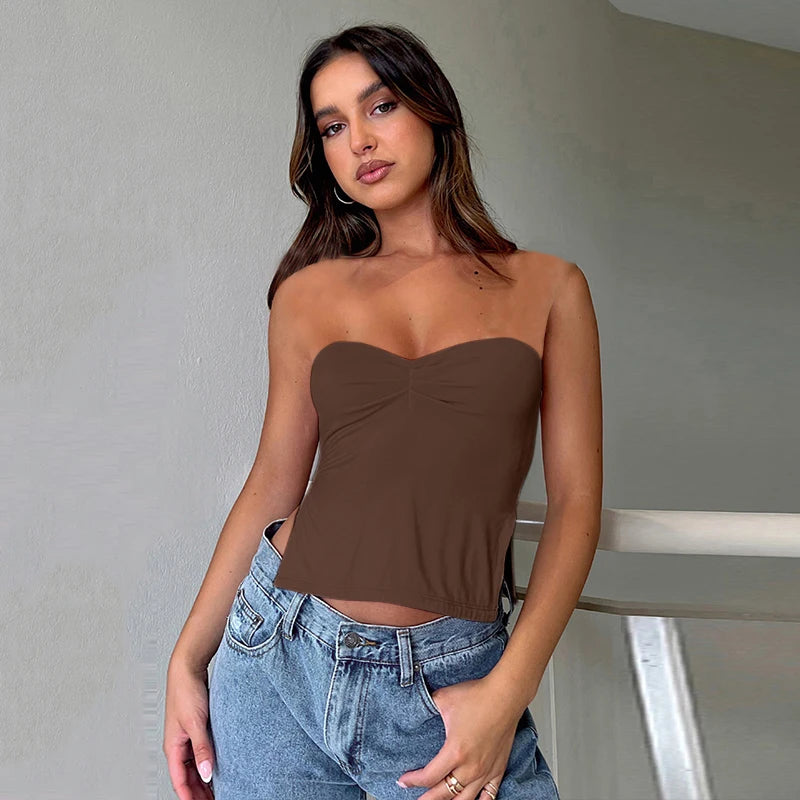 IMIEMIE CUTENOVA Summer Ins Solid Square Collar Strapless Backless Top Women 2024 Folds Shrring Bottom Slits Slim  Crop Top