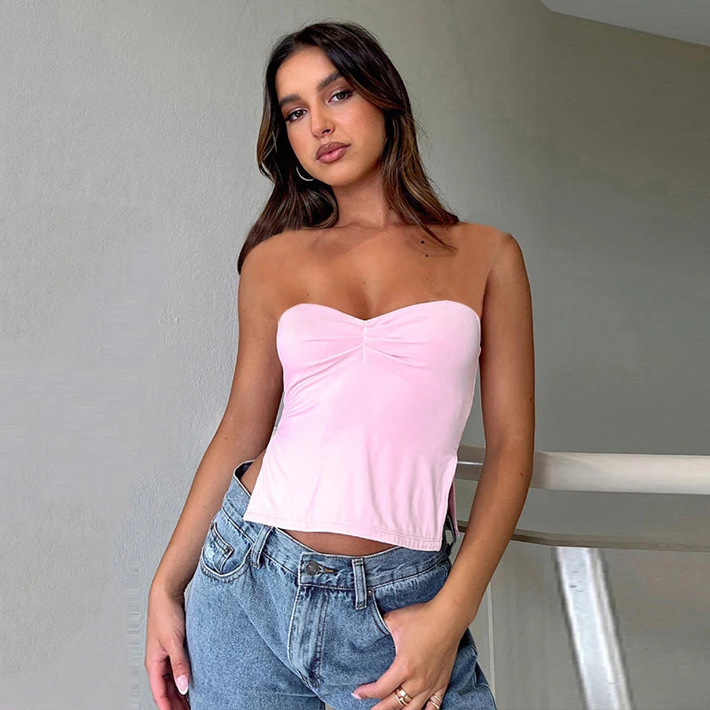 IMIEMIE CUTENOVA Summer Ins Solid Square Collar Strapless Backless Top Women 2024 Folds Shrring Bottom Slits Slim  Crop Top