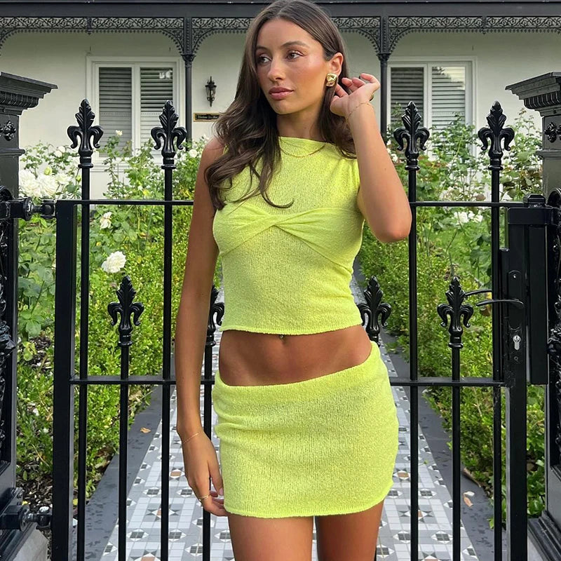 IMIEMIE CUTENOVA Summer Women Sexy Dress Skirt Matching Y2K Two Piece Set Runched Mini Crop Tops Club Knitted Fashion Skirt Beach Set 20