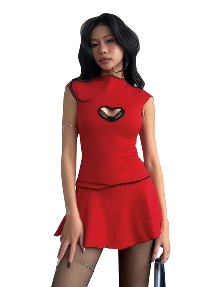 IMIEMIE CUTENOVA Y2K Love Hollow Out Sexy Sleeveless Mini Dresses Red Harujuku Fashion Cute Red Dress 2024 Summer Outfit Women Clothes