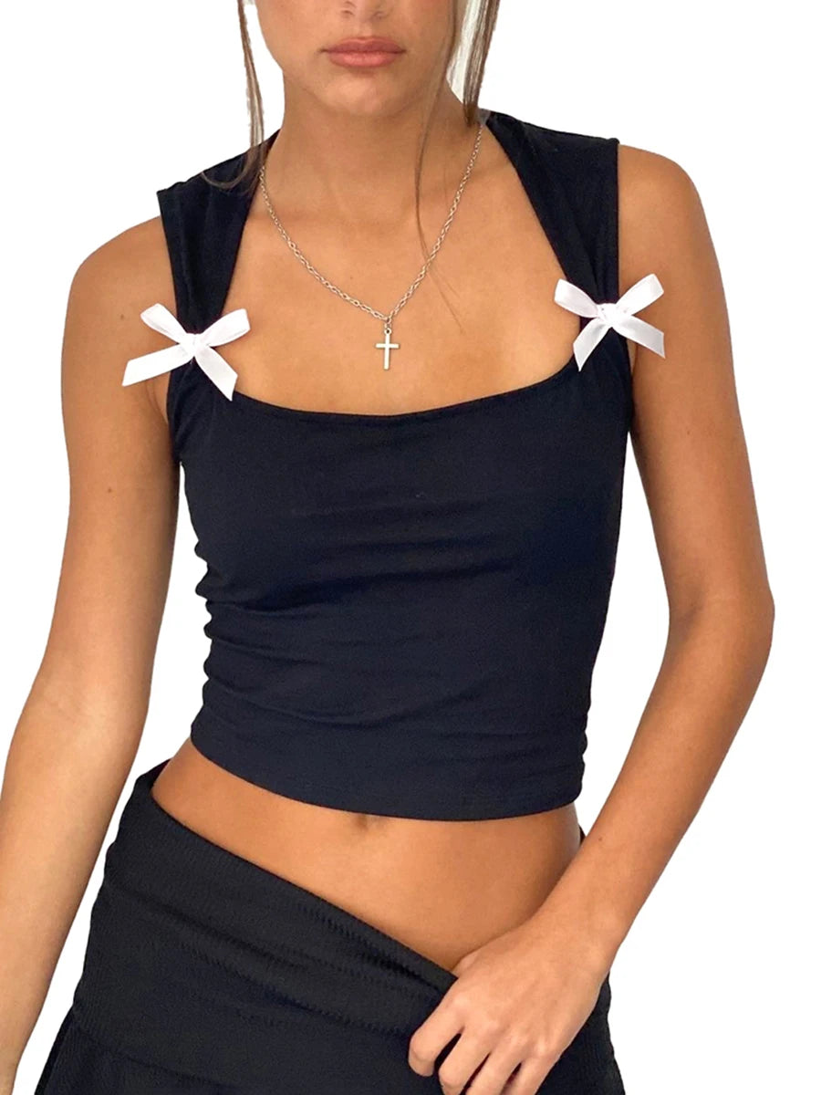 IMIEMIE CUTENOVA Y2K Women'S Bow Tie-Up Tank Tops Wide Shoulder Straps Bandage Camisole Sexy Low Cut Crop Tops Female Vest Tops Clubwear