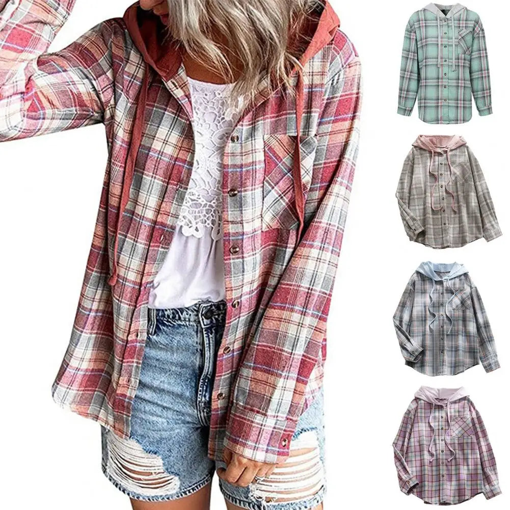 IMIEMIE Cardigan Shirt Single-breasted Designed Sense Plaid Pattern Loose Office Hoodie Shirt Thick Autumn Shirt Female Clothing