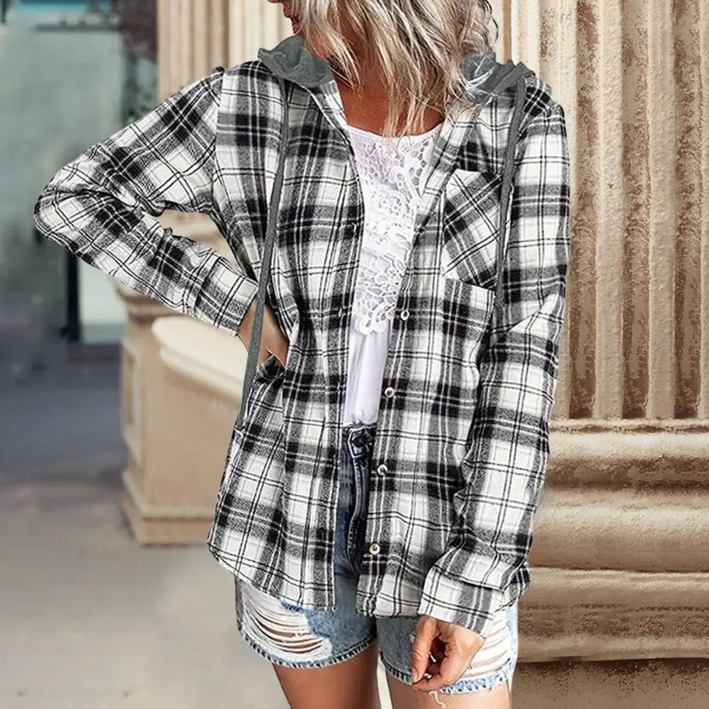 IMIEMIE Cardigan Shirt Single-breasted Designed Sense Plaid Pattern Loose Office Hoodie Shirt Thick Autumn Shirt Female Clothing