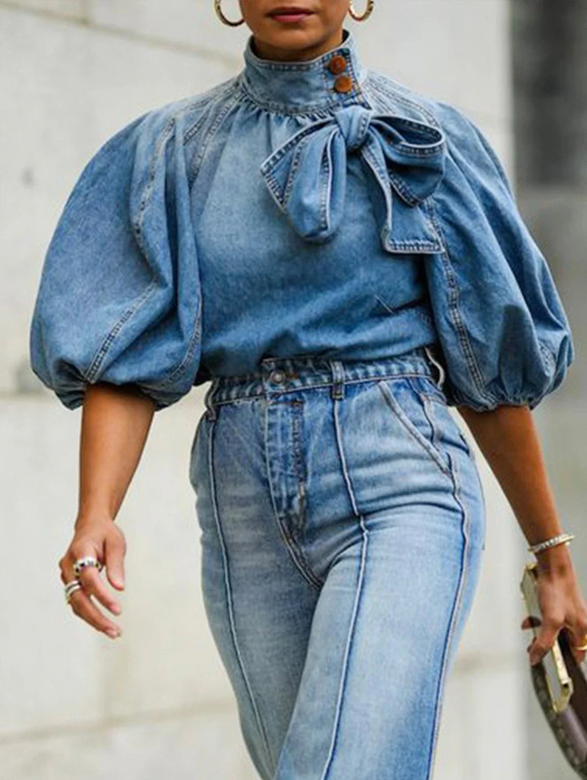 IMIEMIE Casual Denim Shirt Women's Versatile Basic Loose Blouse Stand Collar Lantern Sleeve Female Bow Decor Lace-up Tops Spring Autumn