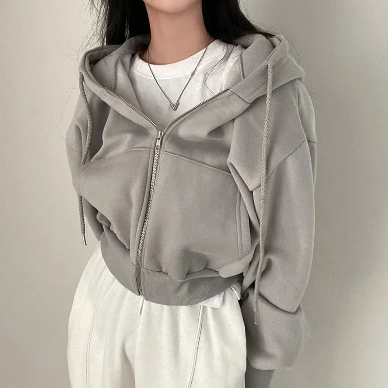 IMIEMIE Casual Hood Sweatshirt Women Y2K Zip Up Hoodies Solid Harajuku Long Sleeve Shirt Oversized Crop Tops Female Loose Jackets Coat