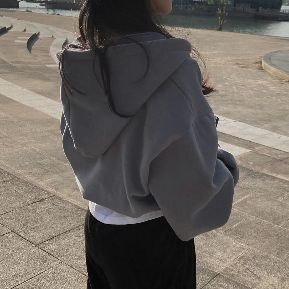 IMIEMIE Casual Hood Sweatshirt Women Y2K Zip Up Hoodies Solid Harajuku Long Sleeve Shirt Oversized Crop Tops Female Loose Jackets Coat