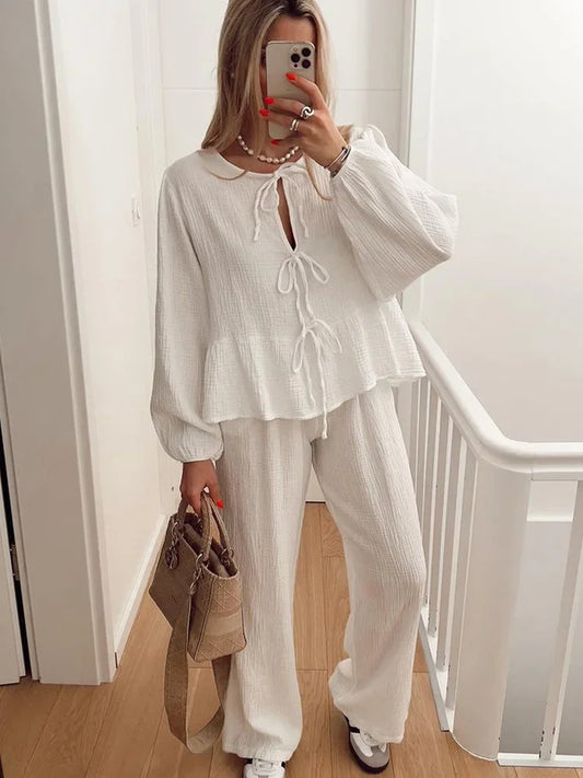 IMIEMIE Casual Lace Up Shirts 2 Piece Pants Sets Women White O-neck Long Sleeve Loose Blouses Elastic High Waist Trousers Lady Outfits