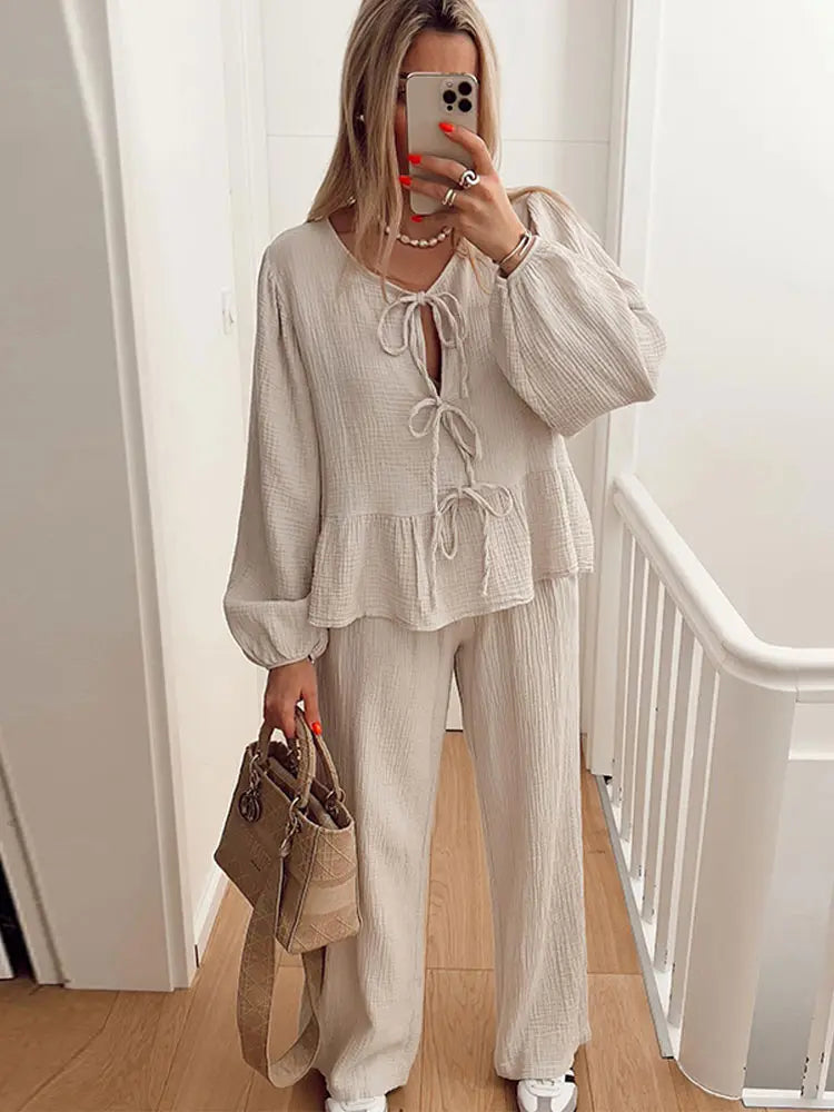 IMIEMIE Casual Lace Up Shirts 2 Piece Pants Sets Women White O-neck Long Sleeve Loose Blouses Elastic High Waist Trousers Lady Outfits