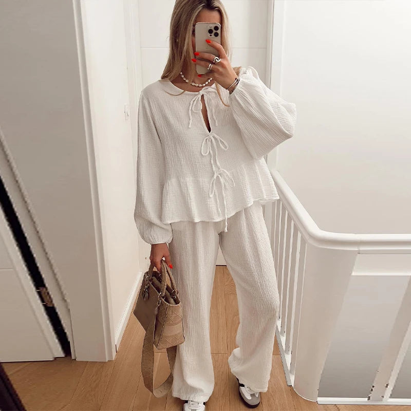 IMIEMIE Casual Lace Up Shirts 2 Piece Pants Sets Women White O-neck Long Sleeve Loose Blouses Elastic High Waist Trousers Lady Outfits