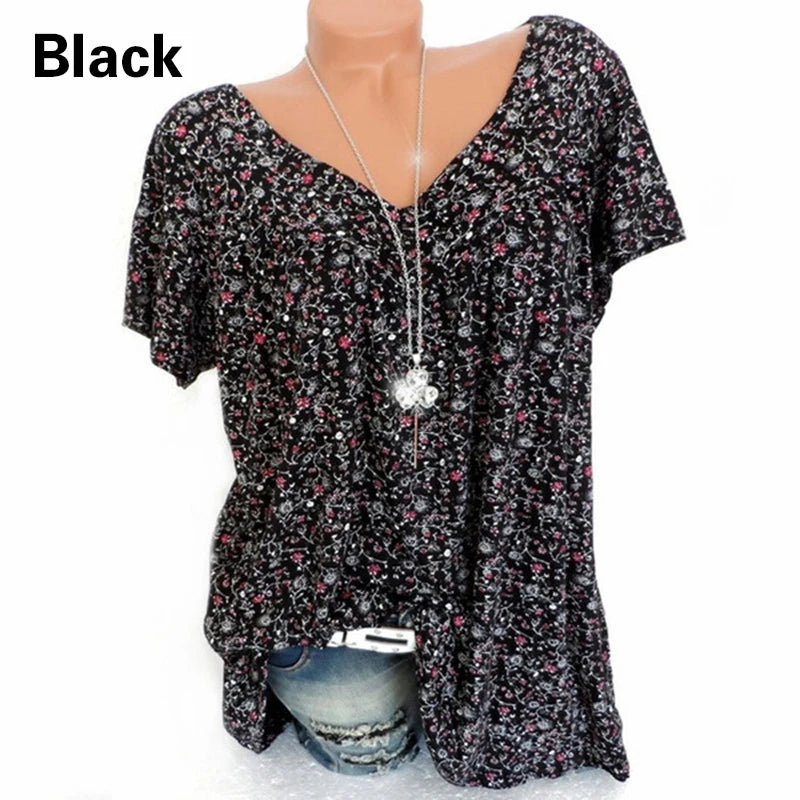 IMIEMIE Casual Large Size V-Neck T-Shirt Tops Fashion Women T-Shirt Summer Loose Printed Bottoming Shirt