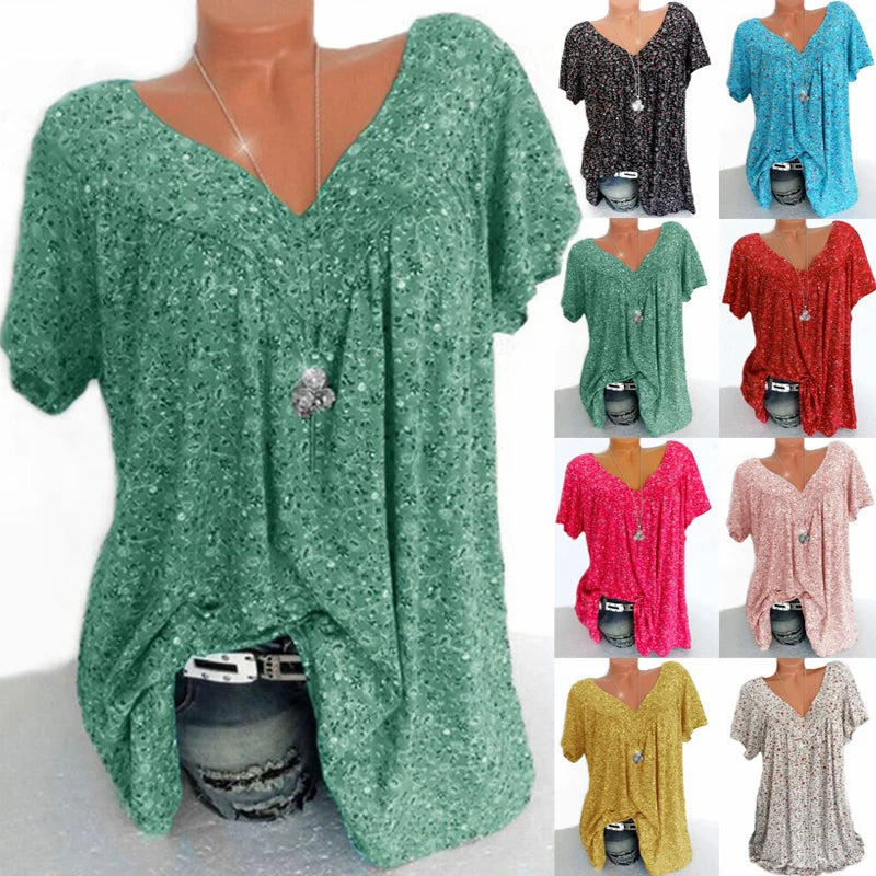 IMIEMIE Casual Large Size V-Neck T-Shirt Tops Fashion Women T-Shirt Summer Loose Printed Bottoming Shirt