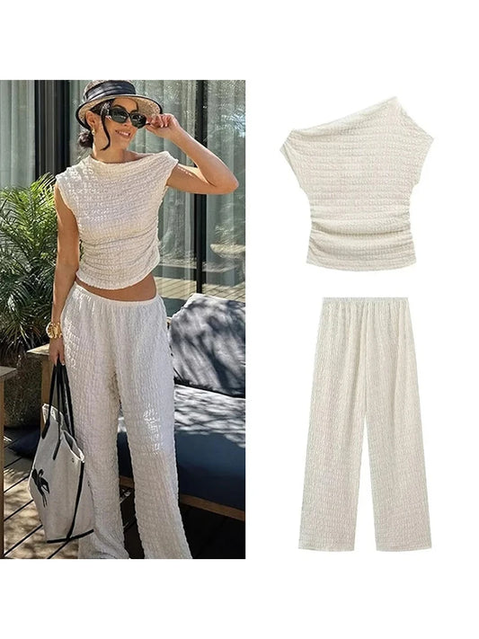 IMIEMIE Casual Long Pants Suit Women Loose Solid Elastic Sleeveless Irregular Sets Female Fashion High Waist Puffy Set 2 Pieces Lady